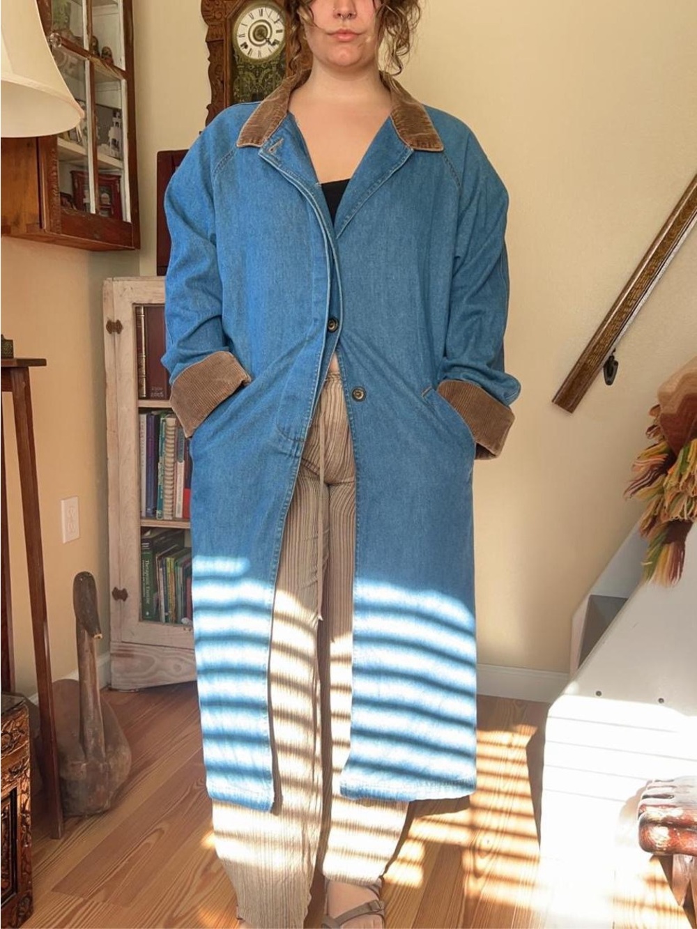Vintage 90s Denim Trench Coat with Brown Corduroy Collar and Cuffs Large